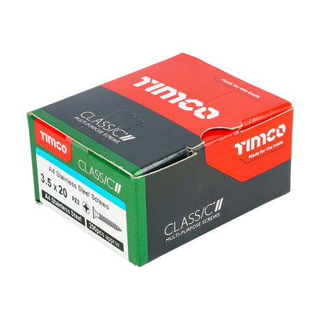 This is an image of Timco - Classic Multi-Purpose Screws - PZ - Double Countersunk - A4 Stainless Steel 3.5 x 20mm - (200 PCS Box) 35020CLA4
