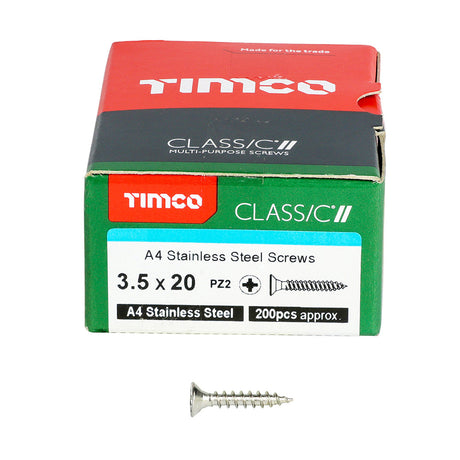 This is an image of Timco - Classic Multi-Purpose Screws - PZ - Double Countersunk - A4 Stainless Steel 3.5 x 20mm - (200 PCS Box) 35020CLA4