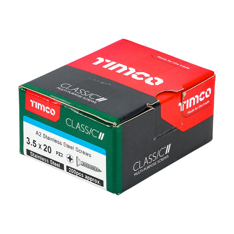 This is an image of Timco - Classic Multi-Purpose Screws - PZ - Double Countersunk - A2 Stainless Steel 3.5 x 20mm - (200 PCS Box) 35020CLASS