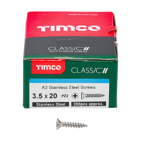 This is an image of Timco - Classic Multi-Purpose Screws - PZ - Double Countersunk - A2 Stainless Steel 3.5 x 20mm - (200 PCS Box) 35020CLASS