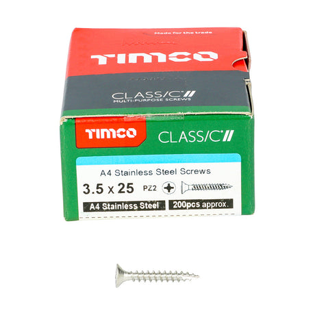 This is an image of Timco - Classic Multi-Purpose Screws - PZ - Double Countersunk - A4 Stainless Steel 3.5 x 25mm - (200 PCS Box) 35025CLA4