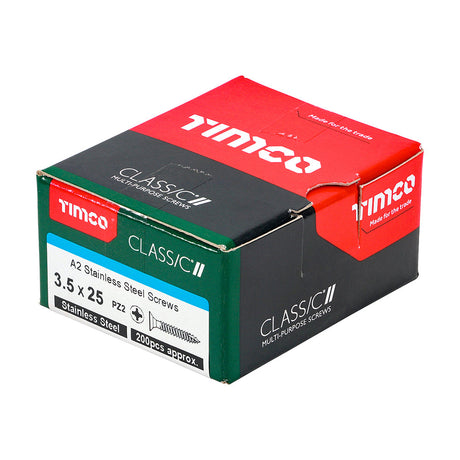 This is an image of Timco - Classic Multi-Purpose Screws - PZ - Double Countersunk - A2 Stainless Steel 3.5 x 25mm - (200 PCS Box) 35025CLASS