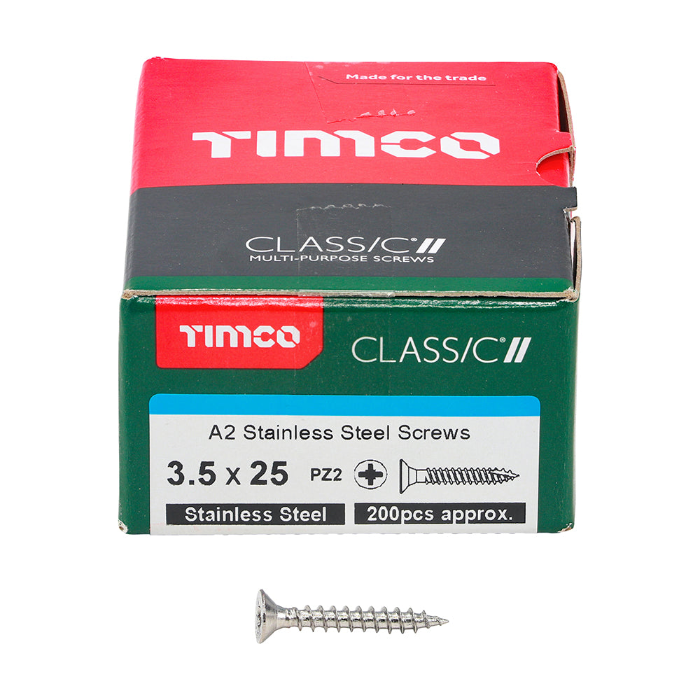 This is an image of Timco - Classic Multi-Purpose Screws - PZ - Double Countersunk - A2 Stainless Steel 3.5 x 25mm - (200 PCS Box) 35025CLASS