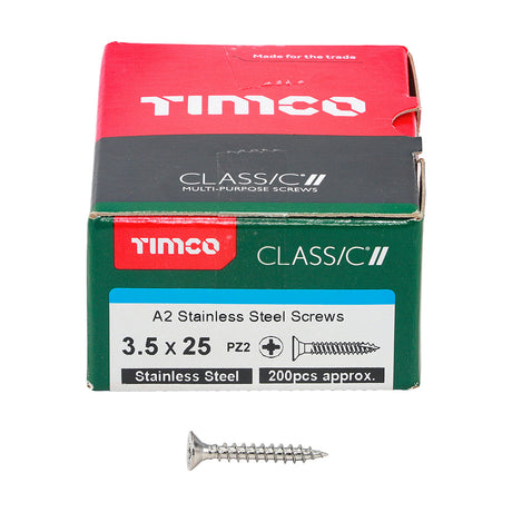 This is an image of Timco - Classic Multi-Purpose Screws - PZ - Double Countersunk - A2 Stainless Steel 3.5 x 25mm - (200 PCS Box) 35025CLASS