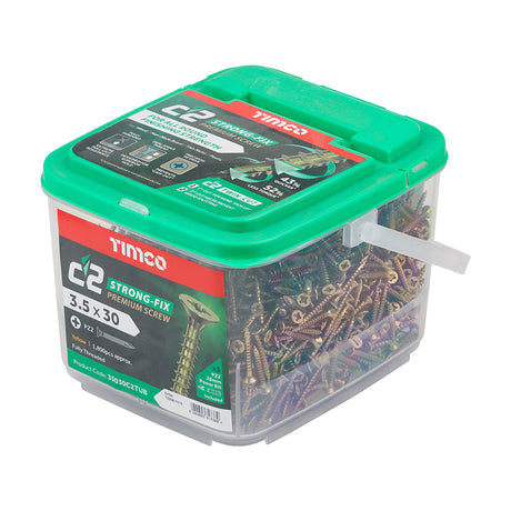This is an image of Timco - C2 Strong-Fix Screws - PZ - Double Countersunk - Twin-Cut - Yellow 3.5 x 30mm - (1800 PCS Tub) 35030C2TUB