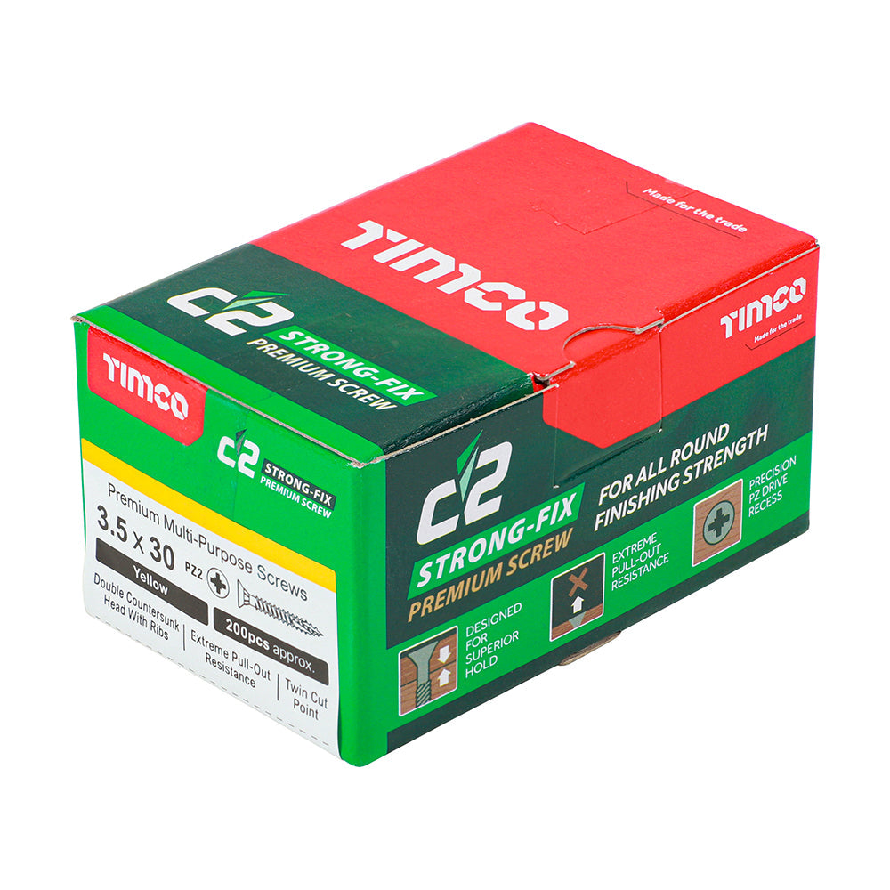 This is an image of Timco - C2 Strong-Fix Screws - PZ - Double Countersunk - Twin-Cut - Yellow 3.5 x 30mm - (200 PCS Box) 35030C2