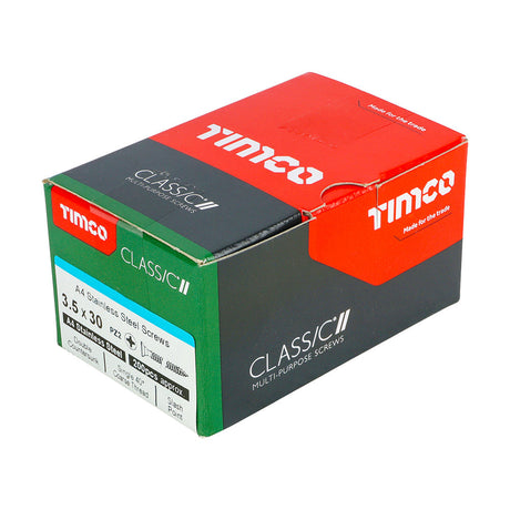 This is an image of Timco - Classic Multi-Purpose Screws - PZ - Double Countersunk - A4 Stainless Steel 3.5 x 30mm - (200 PCS Box) 35030CLA4