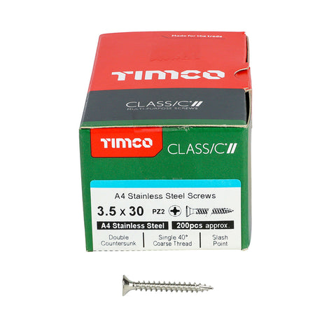 This is an image of Timco - Classic Multi-Purpose Screws - PZ - Double Countersunk - A4 Stainless Steel 3.5 x 30mm - (200 PCS Box) 35030CLA4