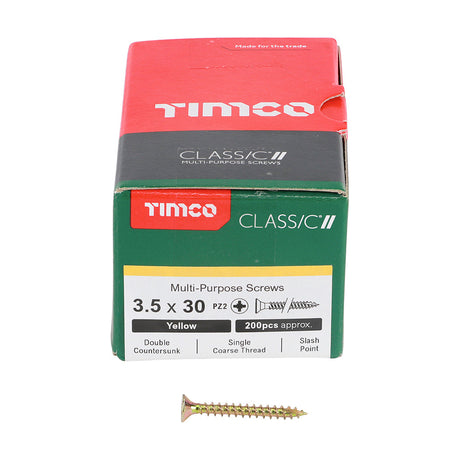 This is an image of Timco - Classic Multi-Purpose Screws - PZ - Double Countersunk - Yellow 3.5 x 30mm - (200 PCS Box) 35030CLAF