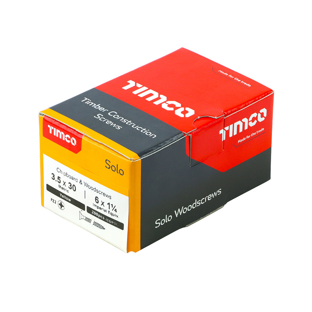 This is an image of Timco - Solo Chipboard & Woodscrews - PZ - Double Countersunk - Yellow 3.5 x 30mm - (200 PCS Box) 35030SOLOC