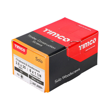 This is an image of Timco - Solo Chipboard & Woodscrews - PZ - Double Countersunk - Zinc 3.5 x 30mm - (200 PCS Box) 35030SOLOZ