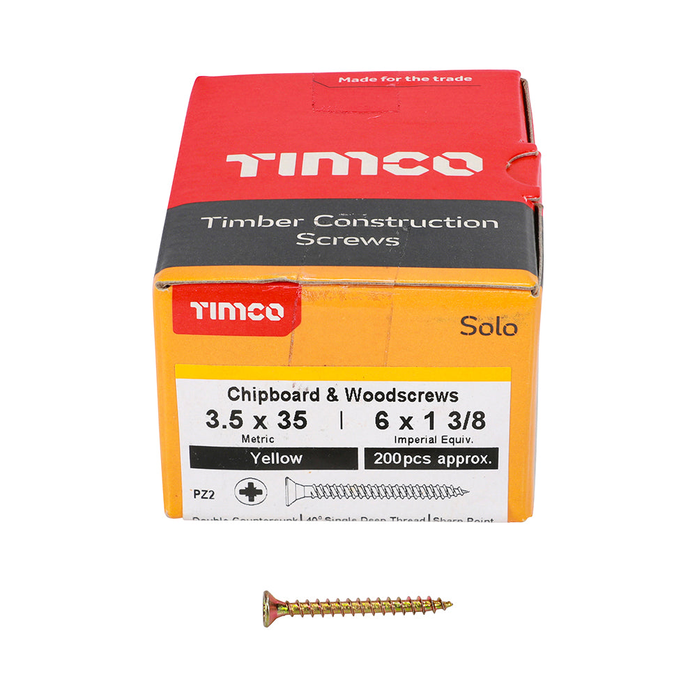 This is an image of Timco - Solo Chipboard & Woodscrews - PZ - Double Countersunk - Yellow 3.5 x 35mm - (200 PCS Box) 35035SOLOC