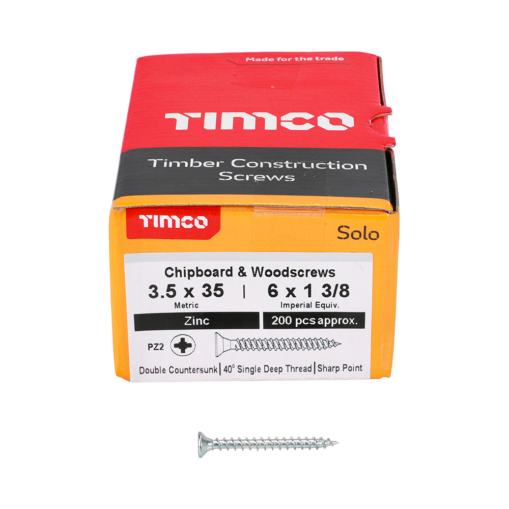 This is an image of Timco - Solo Chipboard & Woodscrews - PZ - Double Countersunk - Zinc 3.5 x 35mm - (200 PCS Box) 35035SOLOZ