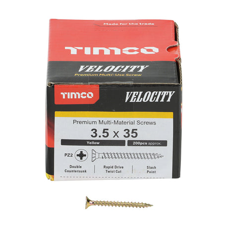 This is an image of Timco - Velocity Premium Multi-Use Screws - PZ - Double Countersunk - Yellow 3.5 x 35mm - (200 PCS Box) 35035VY