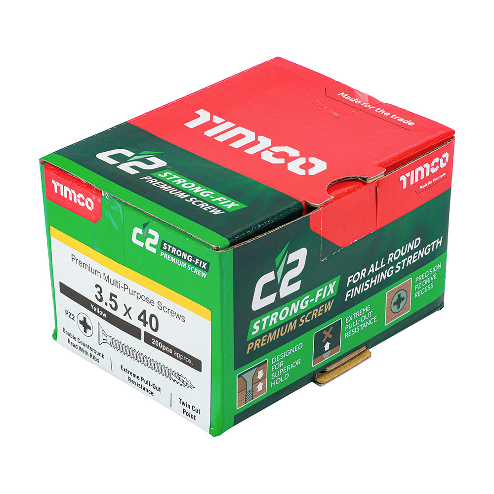 This is an image of Timco - C2 Strong-Fix Screws - PZ - Double Countersunk - Twin-Cut - Yellow 3.5 x 40mm - (200 PCS Box) 35040C2