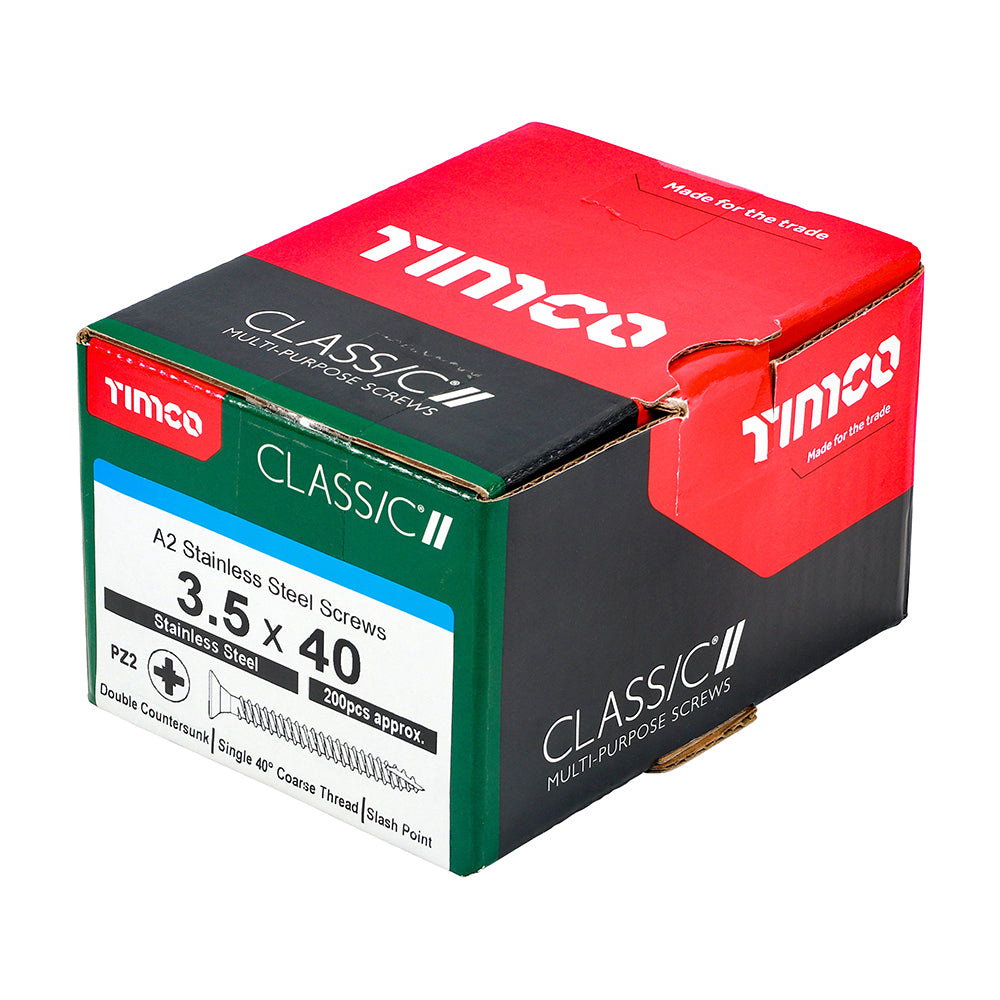 This is an image of Timco - Classic Multi-Purpose Screws - PZ - Double Countersunk - A2 Stainless Steel 3.5 x 40mm - (200 PCS Box) 35040CLASS