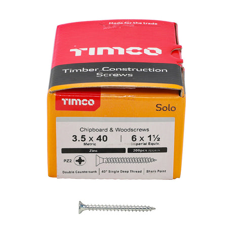 This is an image of Timco - Solo Chipboard & Woodscrews - PZ - Double Countersunk - Zinc 3.5 x 40mm - (200 PCS Box) 35040SOLOZ