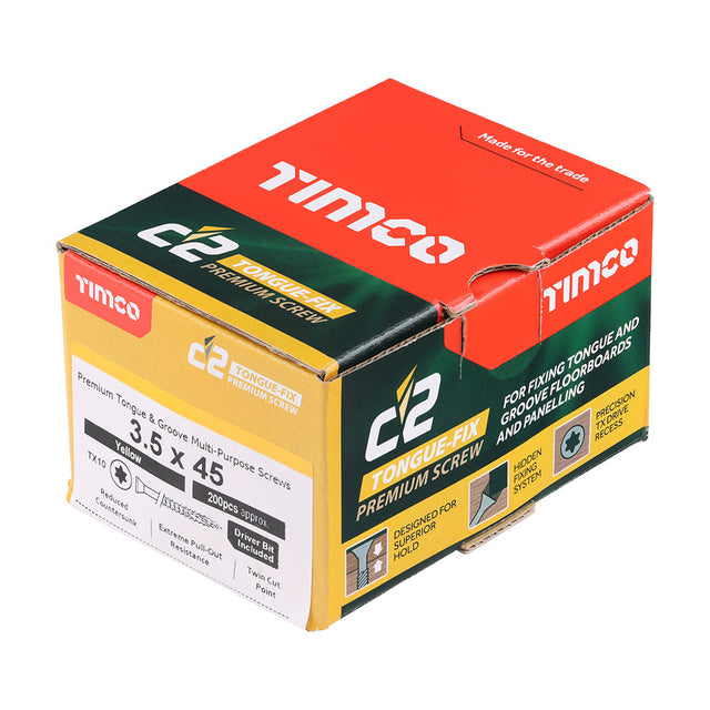 This is an image of Timco - C2 Tongue-Fix Screws - TX - Reduced Countersunk - Twin-Cut - Yellow 3.5 x 45mm - (200 PCS Box) 35045C2TGBX