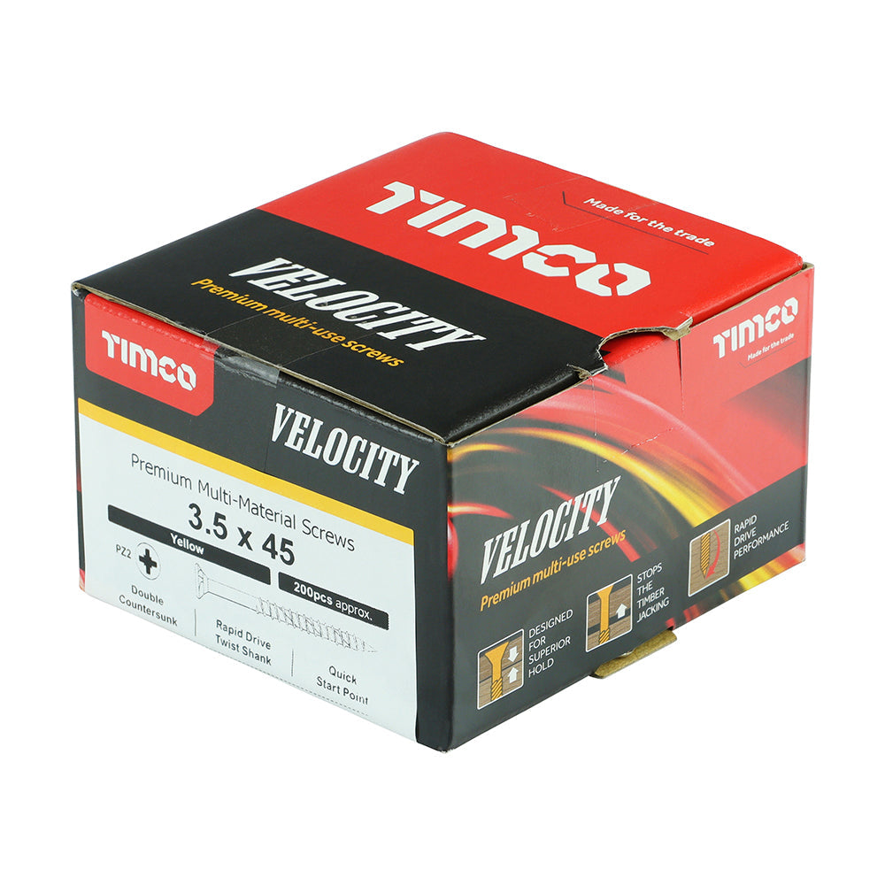 This is an image of Timco - Velocity Premium Multi-Use Screws - PZ - Double Countersunk - Yellow 3.5 x 45mm - (200 PCS Box) 35045VY