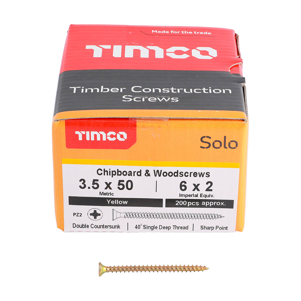 This is an image of Timco - Solo Chipboard & Woodscrews - PZ - Double Countersunk - Yellow 3.5 x 50mm - (200 PCS Box) 35050SOLOC