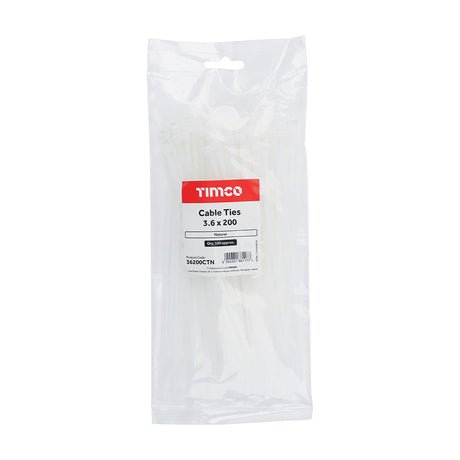 This is an image of Timco - Cable Ties - Natural 3.6 x 200mm - (100 PCS Bag) 36200CTN