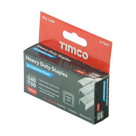 This is an image of Timco - Heavy Duty Staples - Chisel Point - A2 Stainless Steel 10mm (1000 PCS Box) 377023