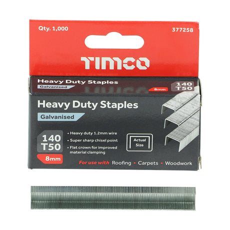 This is an image of Timco - Heavy Duty Staples - Chisel Point - Galvanised 8mm (1000 PCS Box) 377258
