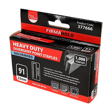 This is an image of Timco - Heavy Duty Staples - Divergent Point - Galvanised 22mm (1000 PCS Box) 377666