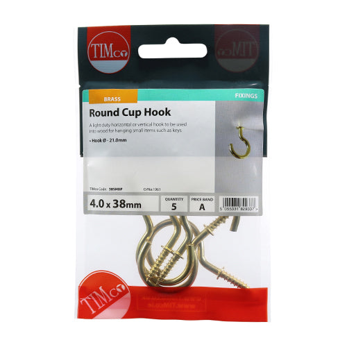 This is an image of Timco - Cup Hooks - Round - Electro Brass 38mm - (5 PCS TIMpac) 38SHBP