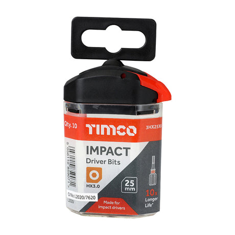 This is an image of Timco - Impact Driver Bits - Hex 3.0 x 25 (10 Pieces Handy Bit Pack) 3HX25X6