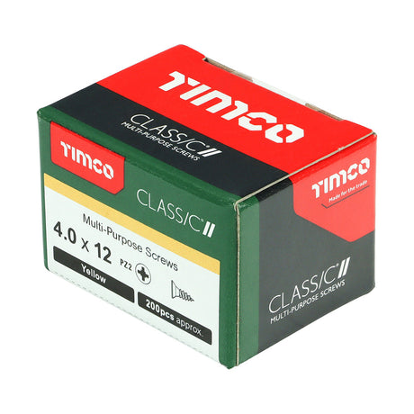 This is an image of Timco - Classic Multi-Purpose Screws - PZ - Double Countersunk - Yellow 4.0 x 12mm - (200 PCS Box) 40012CLAF
