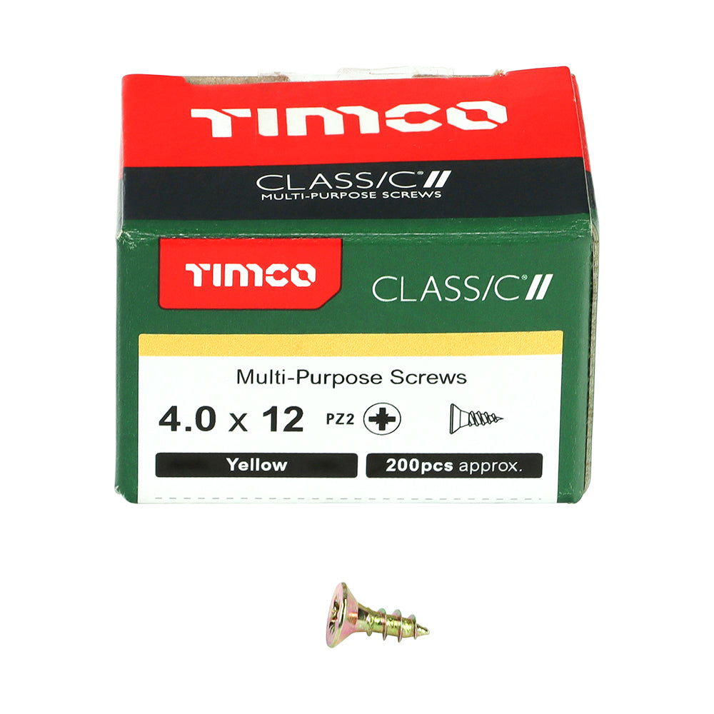 This is an image of Timco - Classic Multi-Purpose Screws - PZ - Double Countersunk - Yellow 4.0 x 12mm - (200 PCS Box) 40012CLAF