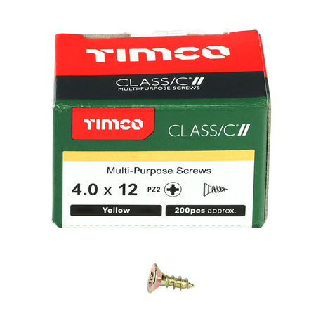 This is an image of Timco - Classic Multi-Purpose Screws - PZ - Double Countersunk - Yellow 4.0 x 12mm - (200 PCS Box) 40012CLAF