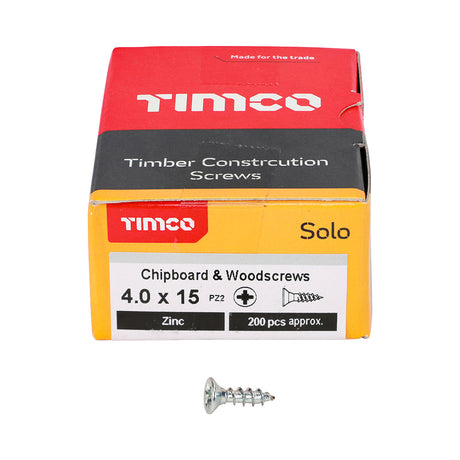 This is an image of Timco - Solo Chipboard & Woodscrews - PZ - Double Countersunk - Zinc 4.0 x 15mm - (200 PCS Box) 40015SOLOZ