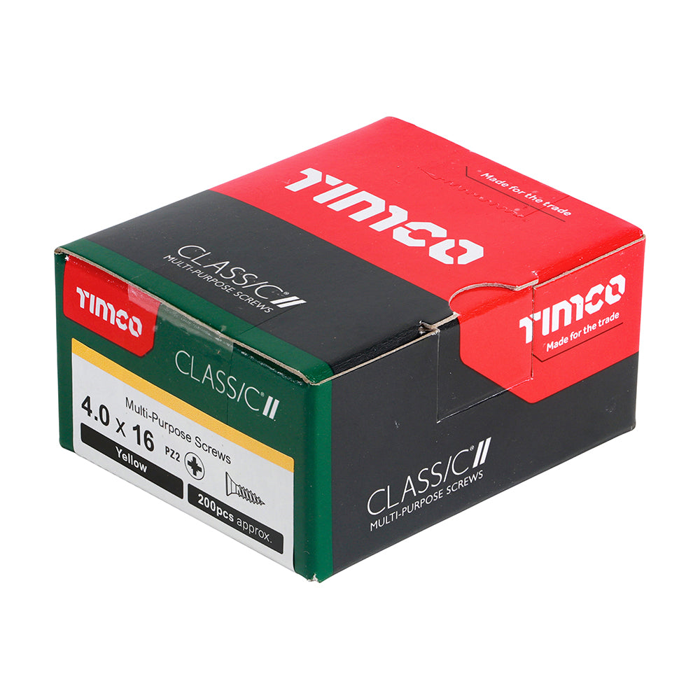 This is an image of Timco - Classic Multi-Purpose Screws - PZ - Double Countersunk - Yellow 4.0 x 16mm - (200 PCS Box) 40016CLAF