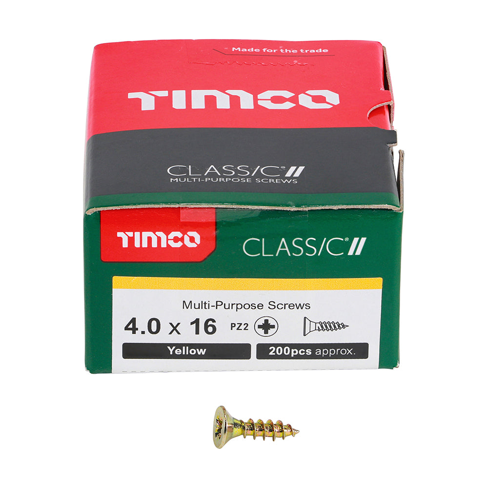 This is an image of Timco - Classic Multi-Purpose Screws - PZ - Double Countersunk - Yellow 4.0 x 16mm - (200 PCS Box) 40016CLAF