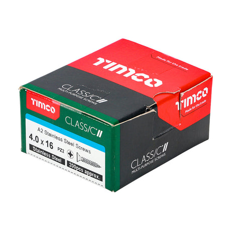 This is an image of Timco - Classic Multi-Purpose Screws - PZ - Double Countersunk - A2 Stainless Steel 4.0 x 16mm - (200 PCS Box) 40016CLASS