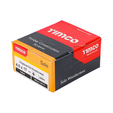 This is an image of Timco - Solo Chipboard & Woodscrews - PZ - Double Countersunk - Yellow 4.0 x 17mm - (200 PCS Box) 40017SOLOC