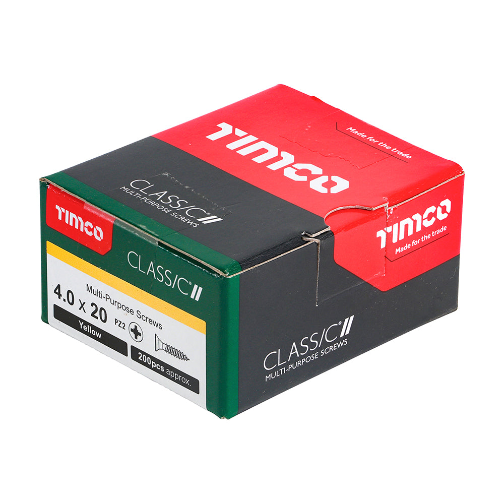 This is an image of Timco - Classic Multi-Purpose Screws - PZ - Double Countersunk - Yellow 4.0 x 20mm - (200 PCS Box) 40020CLAF