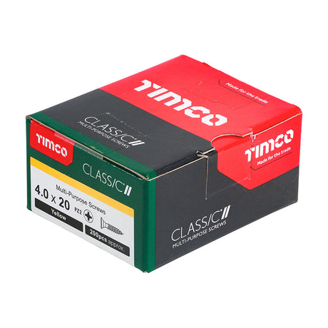 This is an image of Timco - Classic Multi-Purpose Screws - PZ - Double Countersunk - Yellow 4.0 x 20mm - (200 PCS Box) 40020CLAF
