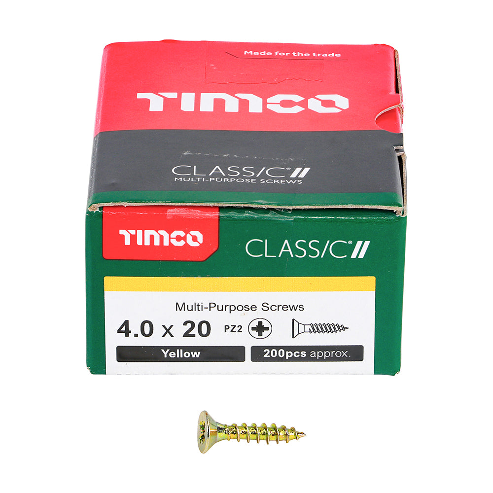 This is an image of Timco - Classic Multi-Purpose Screws - PZ - Double Countersunk - Yellow 4.0 x 20mm - (200 PCS Box) 40020CLAF