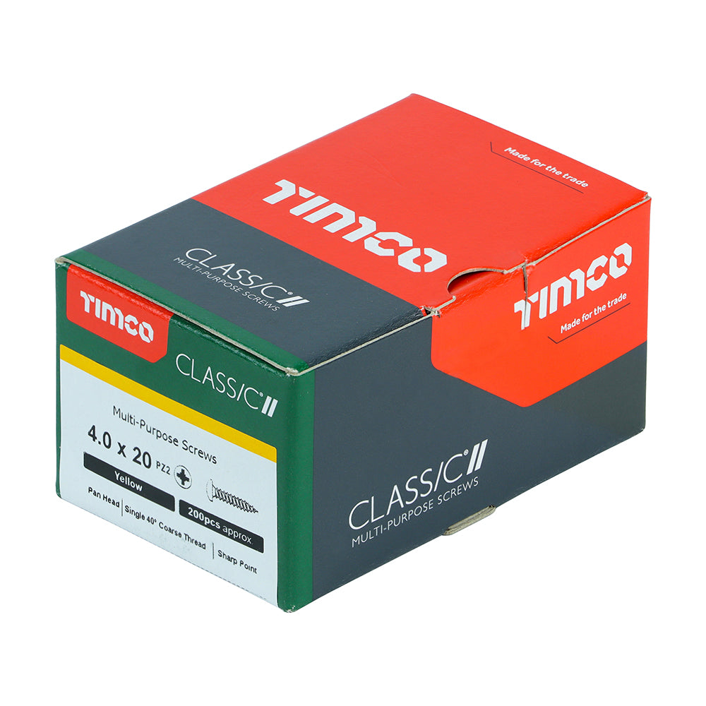 This is an image of Timco - Classic Multi-Purpose Screws - PZ - Pan Head - Yellow 4.0 x 20mm - (200 PCS Box) 40020CLAP