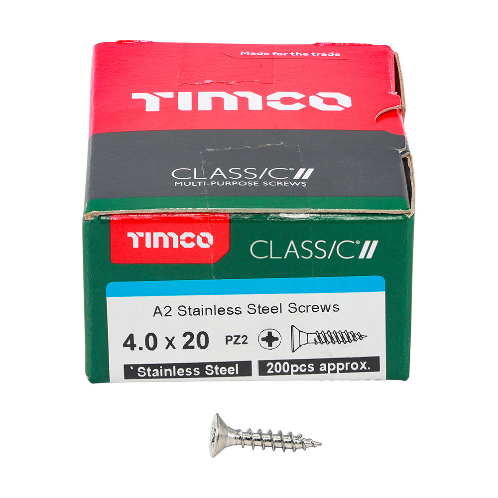 This is an image of Timco - Classic Multi-Purpose Screws - PZ - Double Countersunk - A2 Stainless Steel 4.0 x 20mm - (200 PCS Box) 40020CLASS
