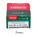 This is an image of Timco - Classic Multi-Purpose Screws - PZ - Double Countersunk - A2 Stainless Steel 4.0 x 20mm - (200 PCS Box) 40020CLASS