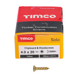 This is an image of Timco - Solo Chipboard & Woodscrews - PZ - Double Countersunk - Yellow 4.0 x 20mm - (200 PCS Box) 40020SOLOC