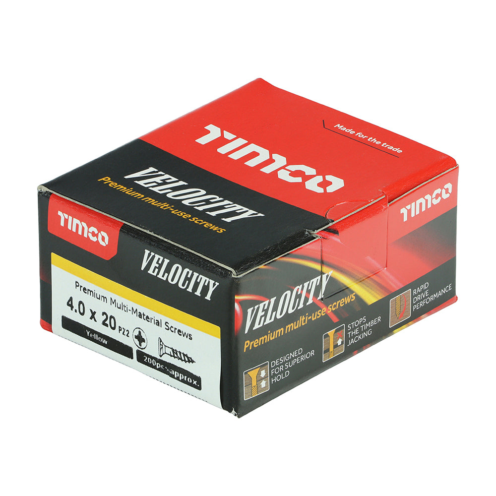 This is an image of Timco - Velocity Premium Multi-Use Screws - PZ - Double Countersunk - Yellow 4.0 x 20mm - (200 PCS Box) 40020VY