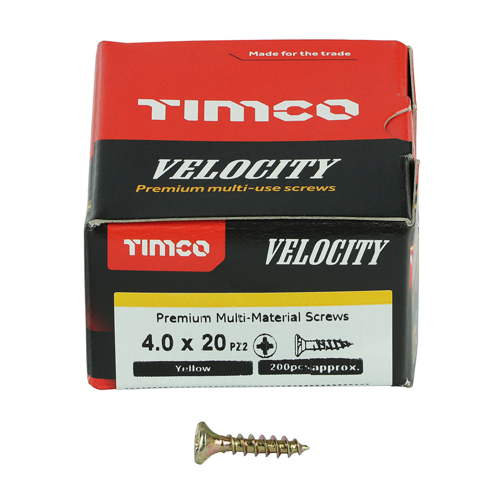 This is an image of Timco - Velocity Premium Multi-Use Screws - PZ - Double Countersunk - Yellow 4.0 x 20mm - (200 PCS Box) 40020VY