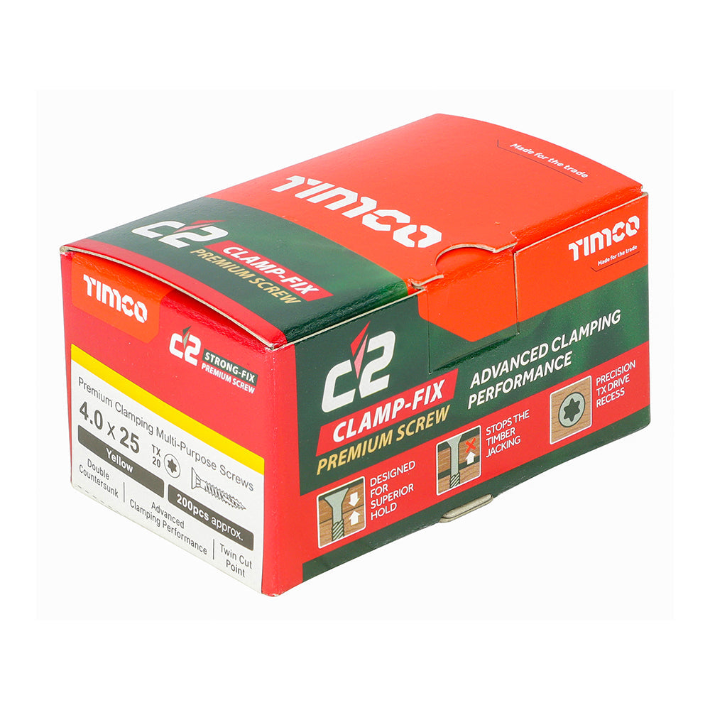 This is an image of Timco - C2 Clamp-Fix Screws - TX - Double Countersunk with Ribs - Twin-Cut - Yellow 4.0 x 25mm - (200 PCS Box) 40025C2C