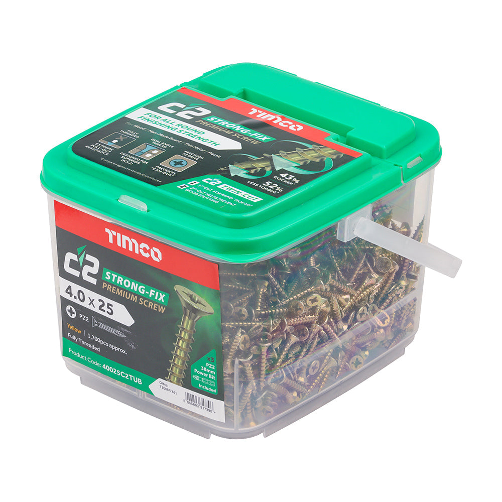 This is an image of Timco - C2 Strong-Fix Screws - PZ - Double Countersunk - Twin-Cut - Yellow 4.0 x 25mm - (1700 PCS Tub) 40025C2TUB