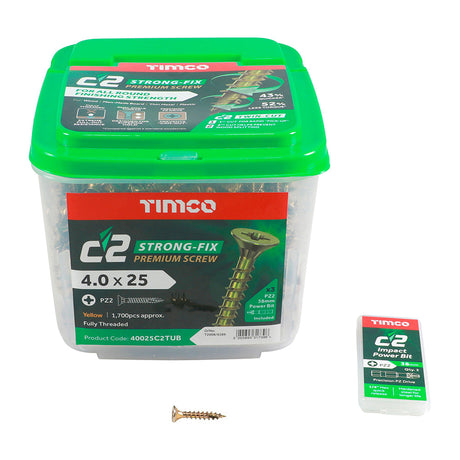This is an image of Timco - C2 Strong-Fix Screws - PZ - Double Countersunk - Twin-Cut - Yellow 4.0 x 25mm - (1700 PCS Tub) 40025C2TUB